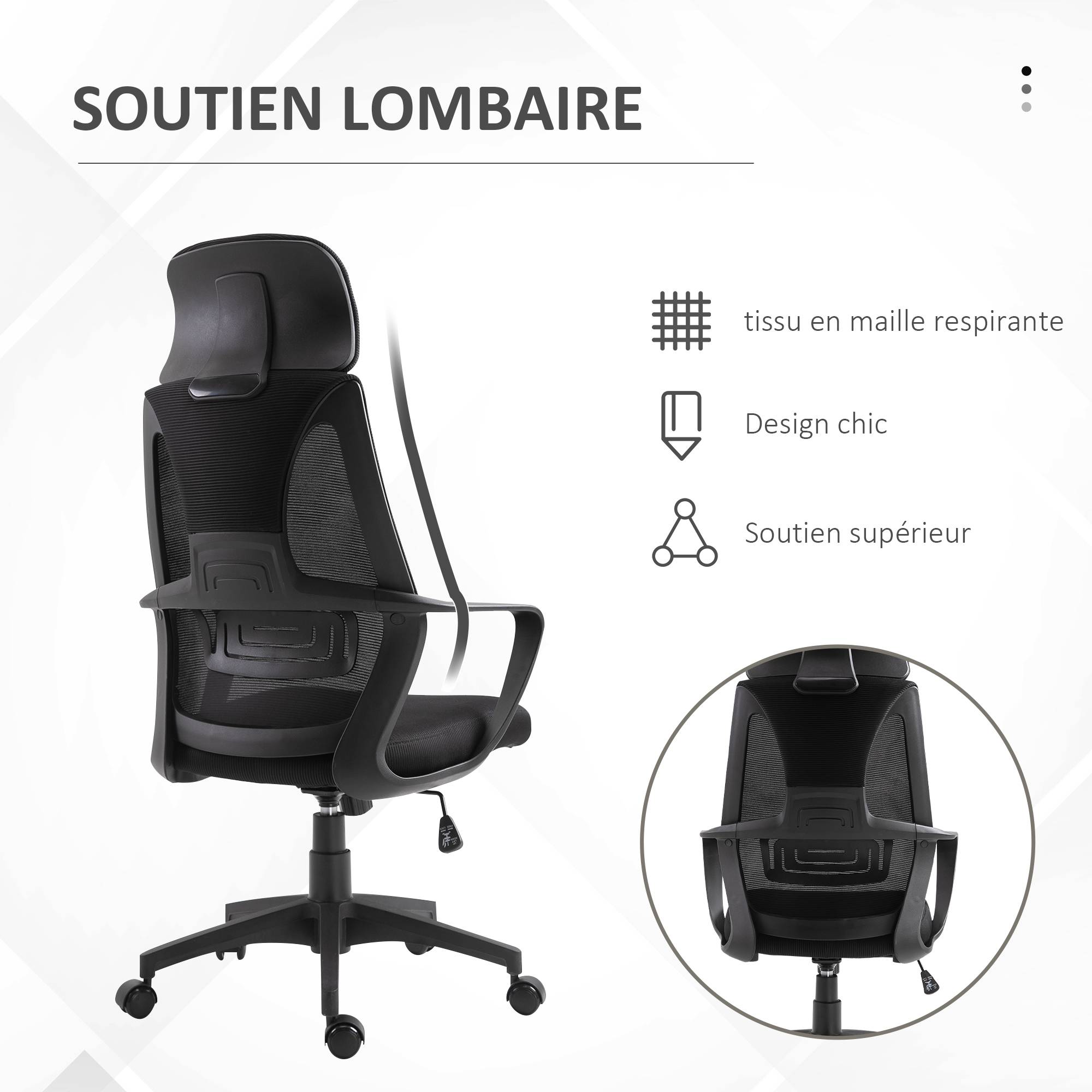 Sans Marque - Chaise bureau ergonomique, fauteuil de bureau en maille, appui-tête, hauteur réglable, 64 x 55 x 116-126 cm, noir - Image 9