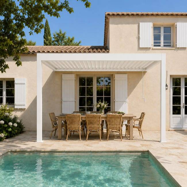 Pergola Bioclimatique Aluminium Adossée Blanc 4x3 Manuelle S ORIAL France - Image 1
