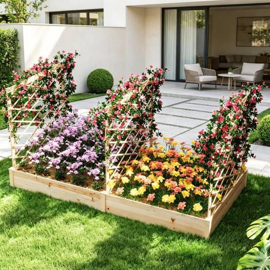 ComfortXL - Carré potager surélevé bois 222 x 114 x 109 cm avec 3 treillis modulables pour jardin terrasse et balcon - Image 4