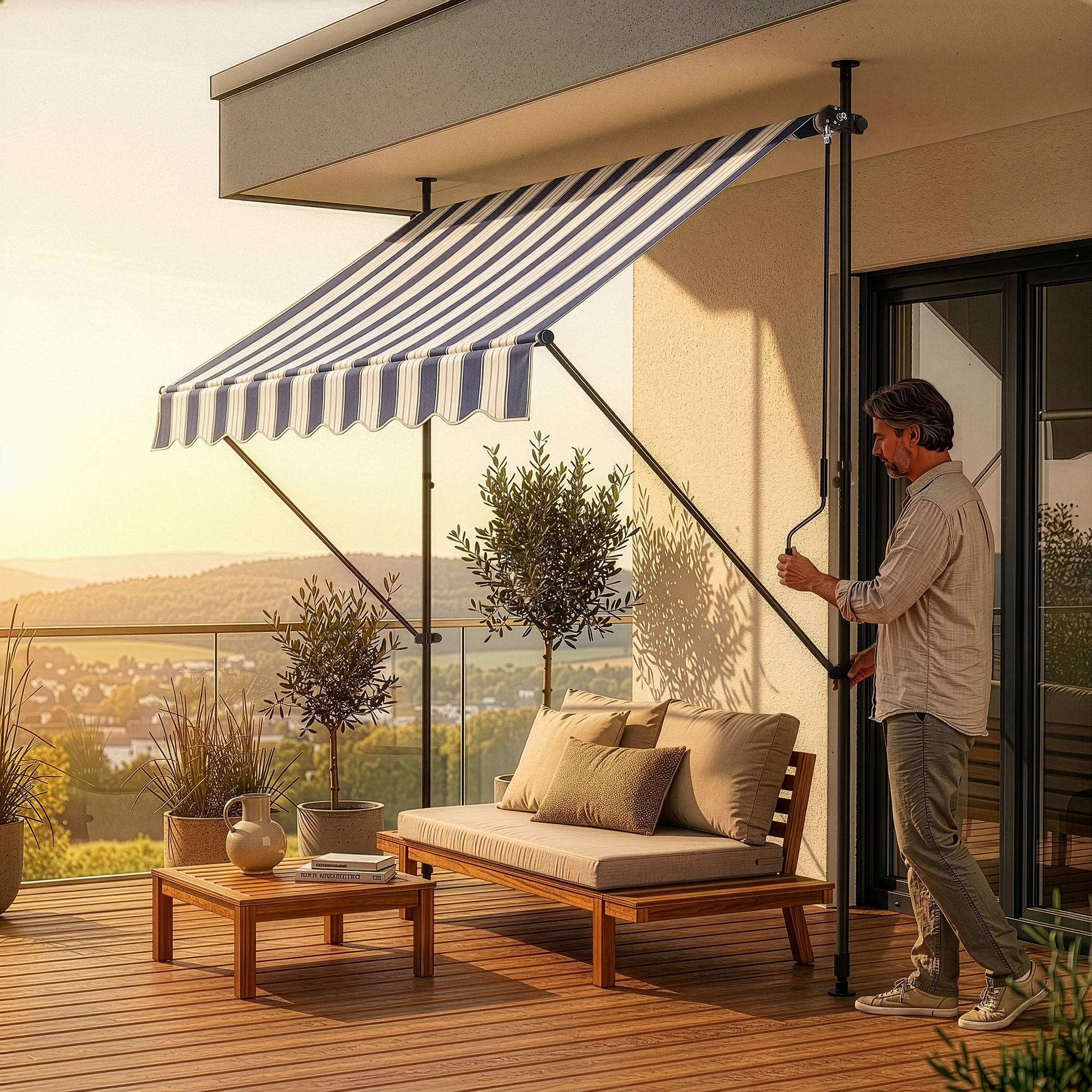 Pro.Tec - Store Banne Téléscopique Acier Polyester 350 x 120 x 220-309 cm Bleu Foncé Blanc [pro.tec] - Image 4