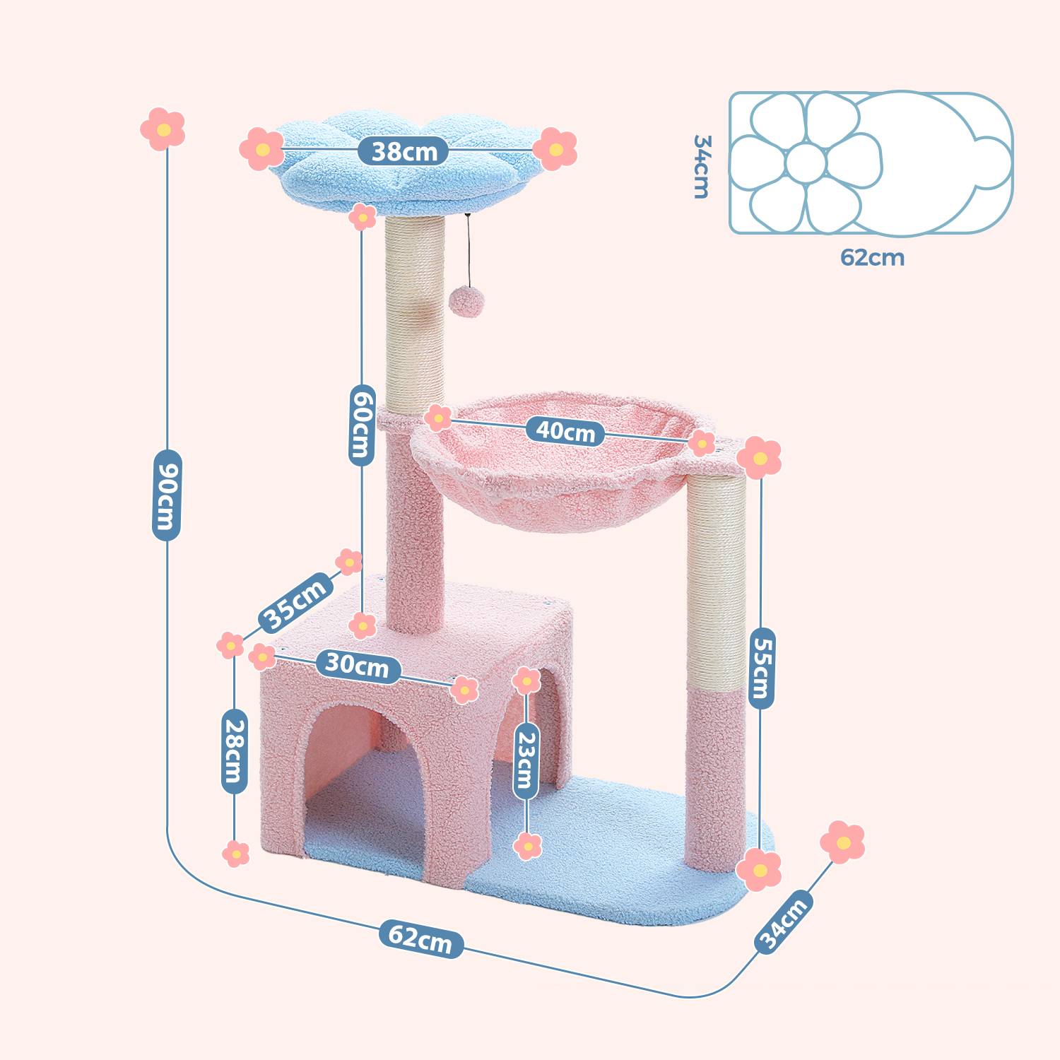 Arbre à Chat Fleur 93 cm Bleu / Rose PAWZ Road - Image 2