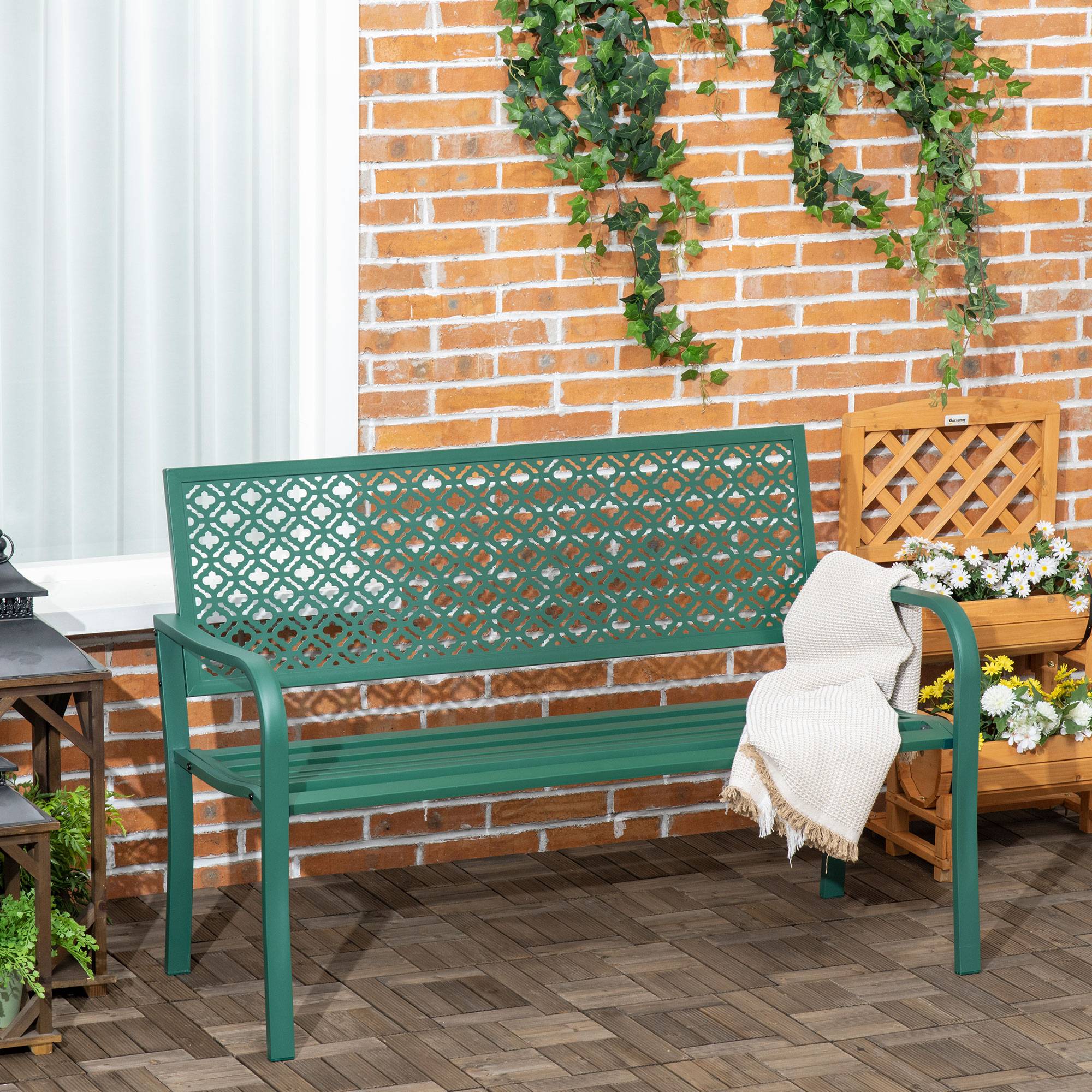 Banc de jardin en métal, 2 places, résistant aux intempéries, 127 cm x 63 cm x 83 cm, vert - Image 4