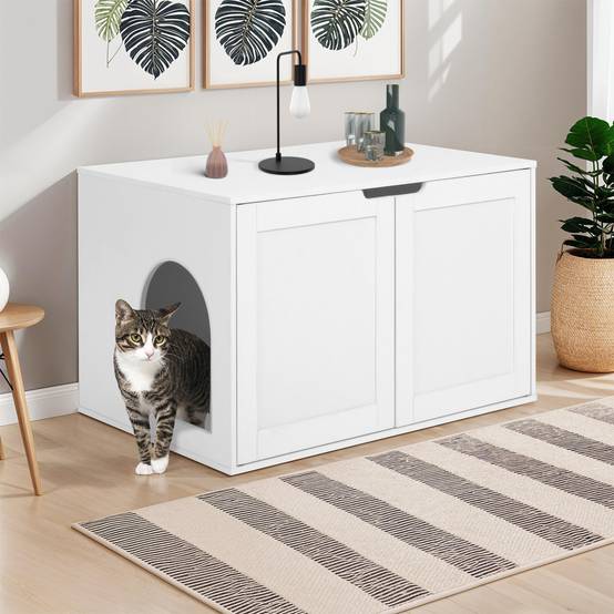 Maison de toilette chat cache-litière avec doubles portes blanc - Image 1