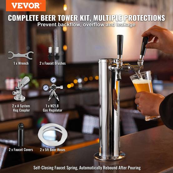 VEVOR Kit colonne bière 2 robinets, inox, régulateur double jauge. Coupleur système A, bar. - Image 2