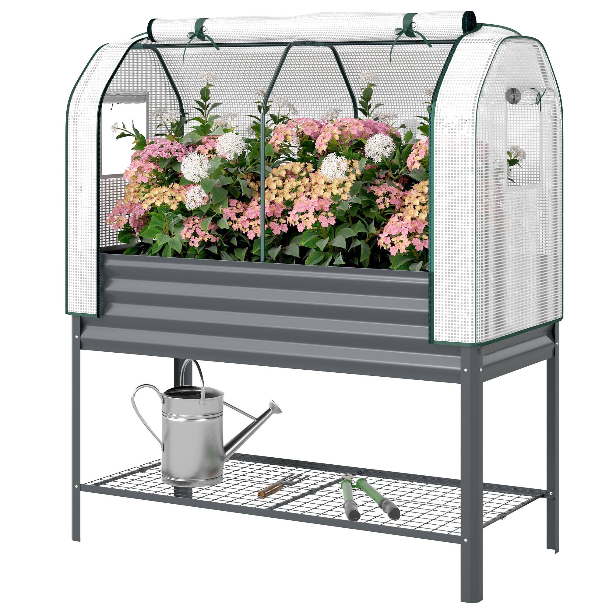 Potager sur pied avec serre acier galvanisé gris 120 x 55 x 140 cm - PANGIVO - Image 2