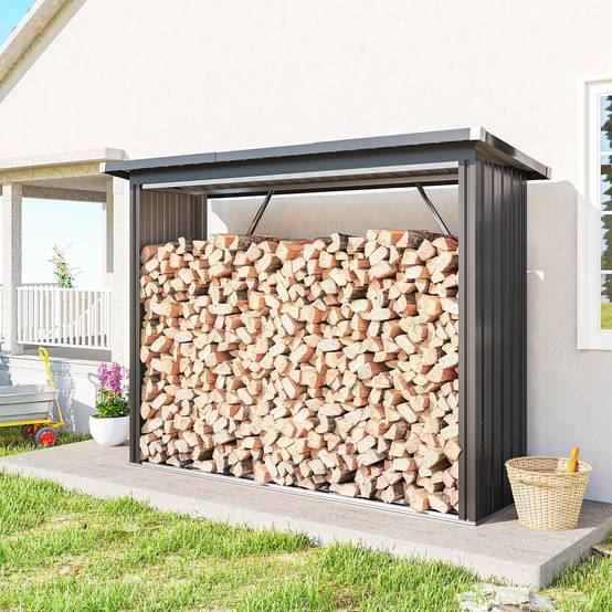 Abri bûches acier galvanisé extérieur stockage bois toit incliné 213x66x150cm gris foncé - ComfortXL Outdoor Living - Image 3