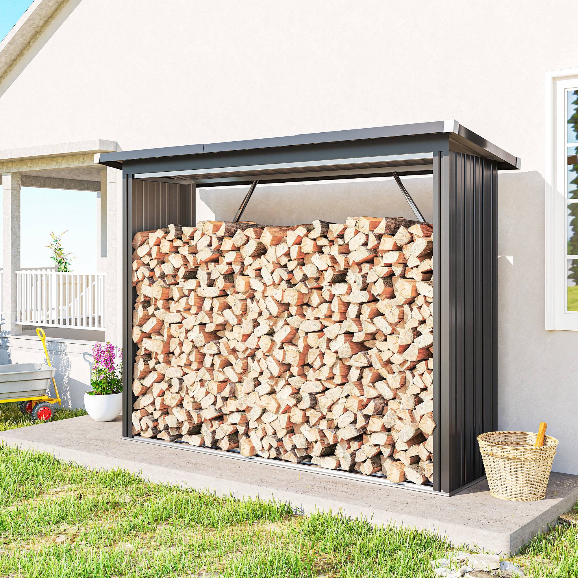 Abri bûches acier galvanisé extérieur stockage bois toit incliné 213x66x150cm gris foncé - ComfortXL Outdoor Living - Image 3