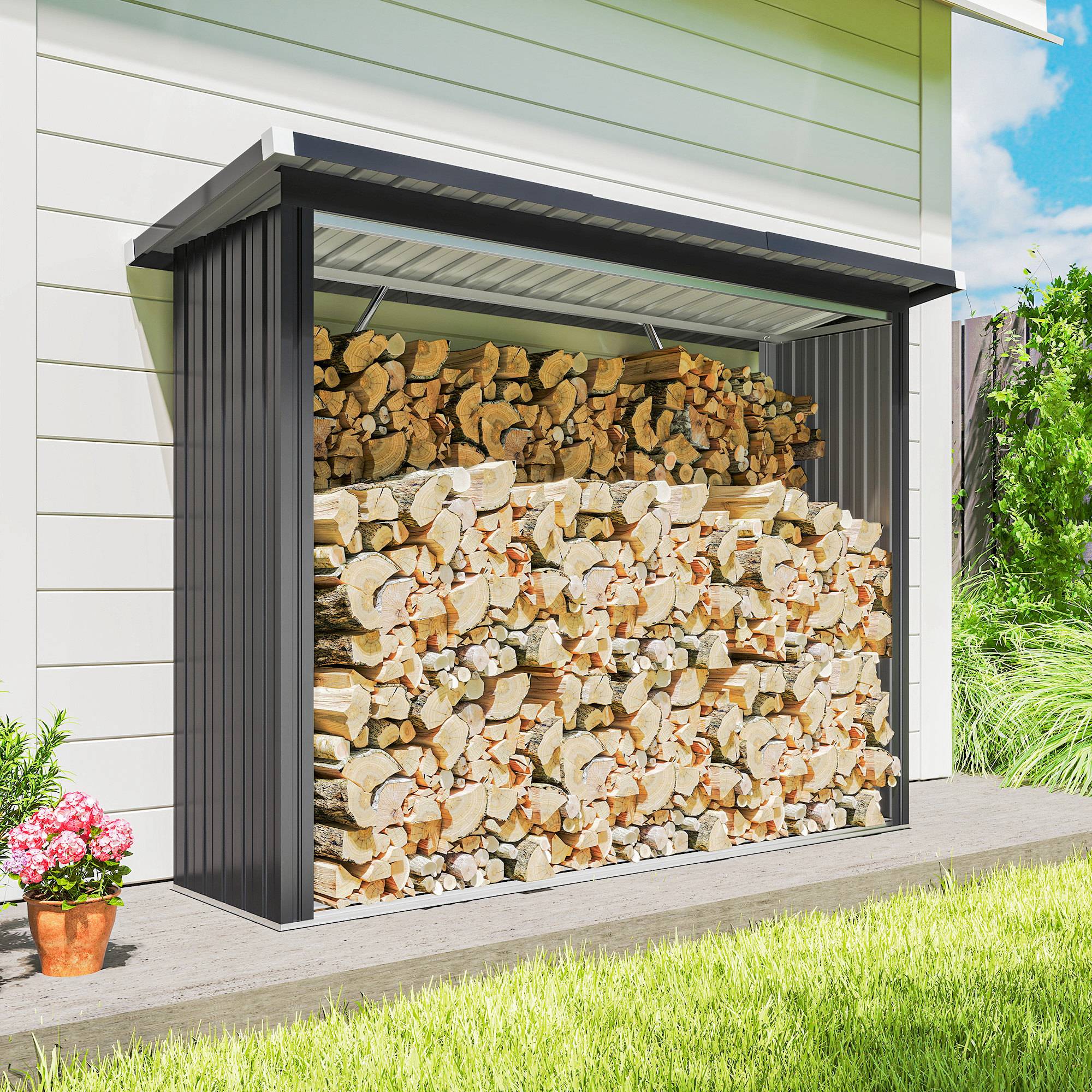 Abri bûches acier galvanisé extérieur stockage bois toit incliné 213x66x150cm gris foncé - ComfortXL Outdoor Living - Image 10