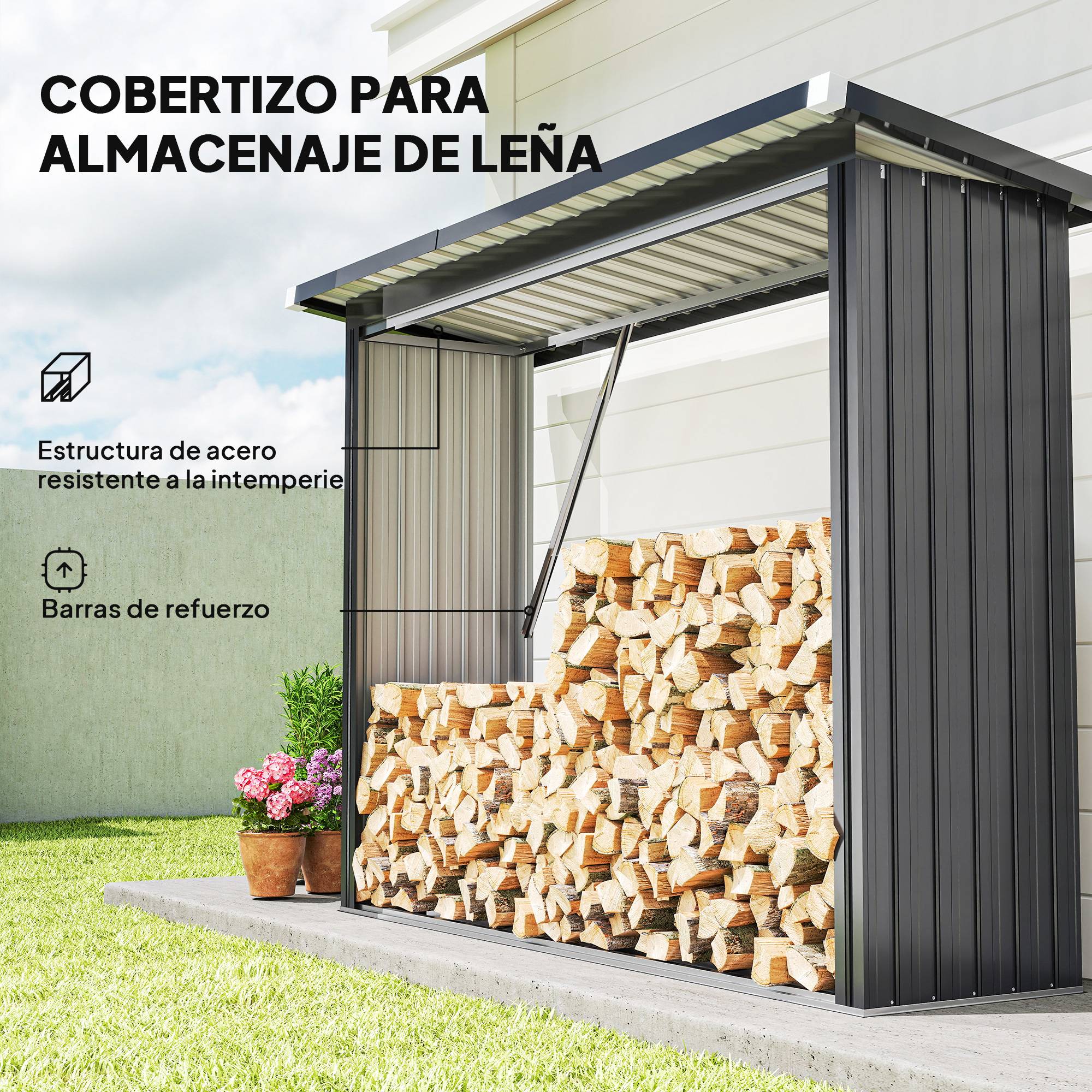 Abri bûches acier galvanisé extérieur stockage bois toit incliné 213x66x150cm gris foncé - ComfortXL Outdoor Living - Image 6