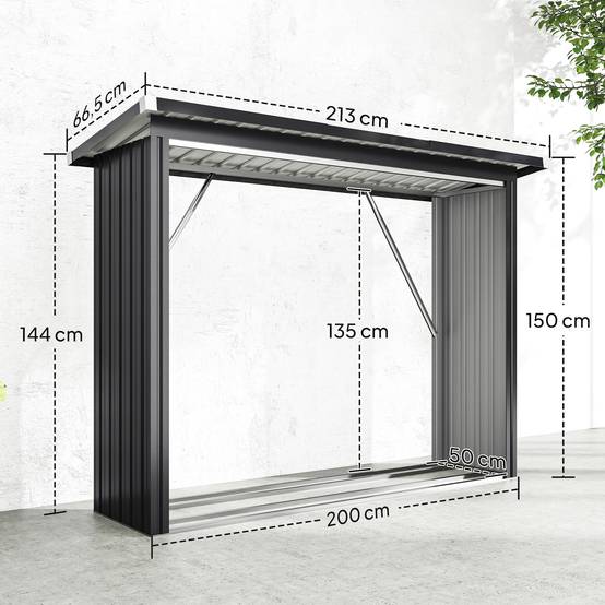 Abri bûches acier galvanisé extérieur stockage bois toit incliné 213x66x150cm gris foncé - ComfortXL Outdoor Living - Image 5