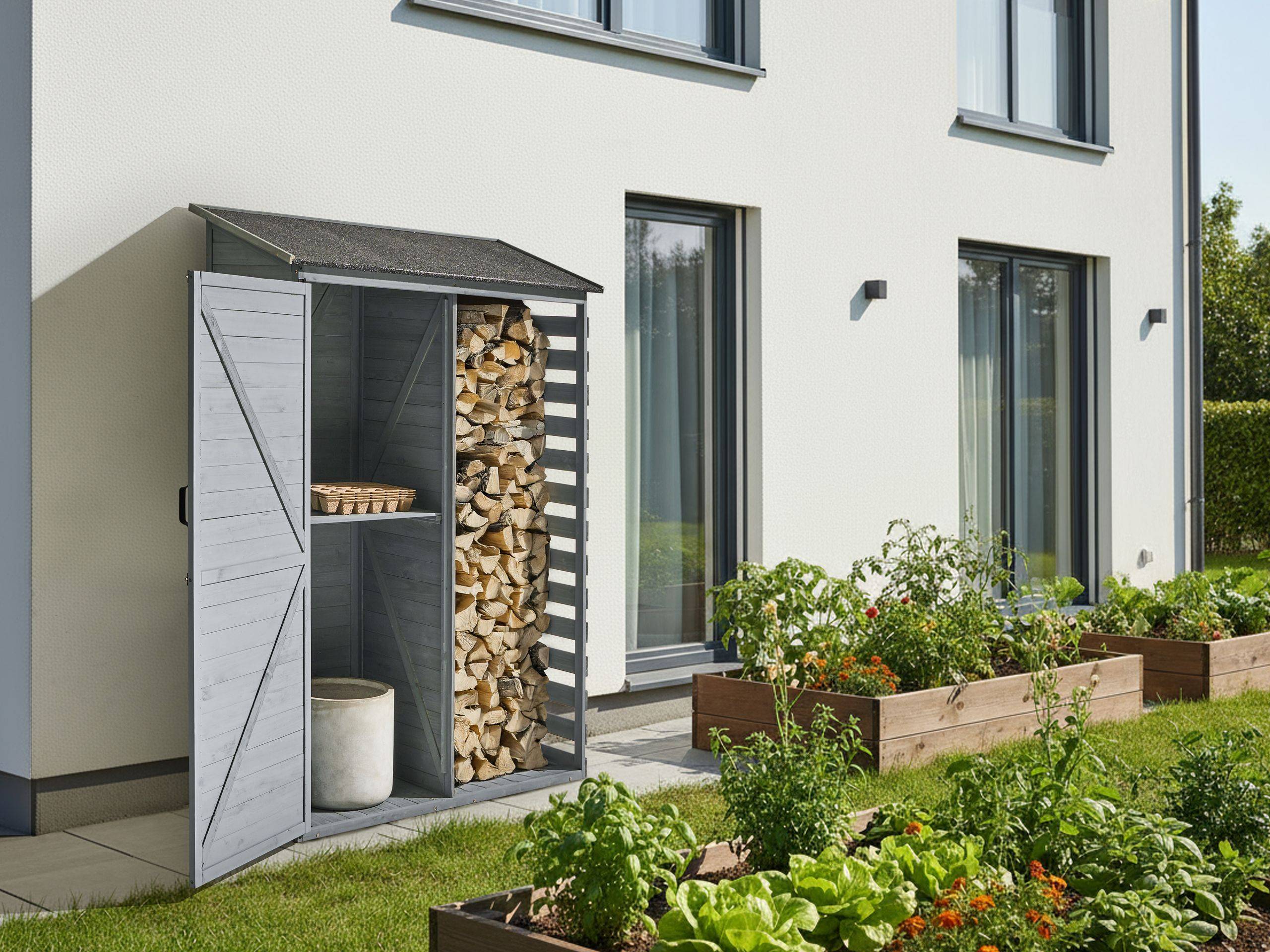 Abri de Jardin Gris en Bois de Sapin avec Toit en Asphalte avec Étagères et Portes à Loquet - Image 2