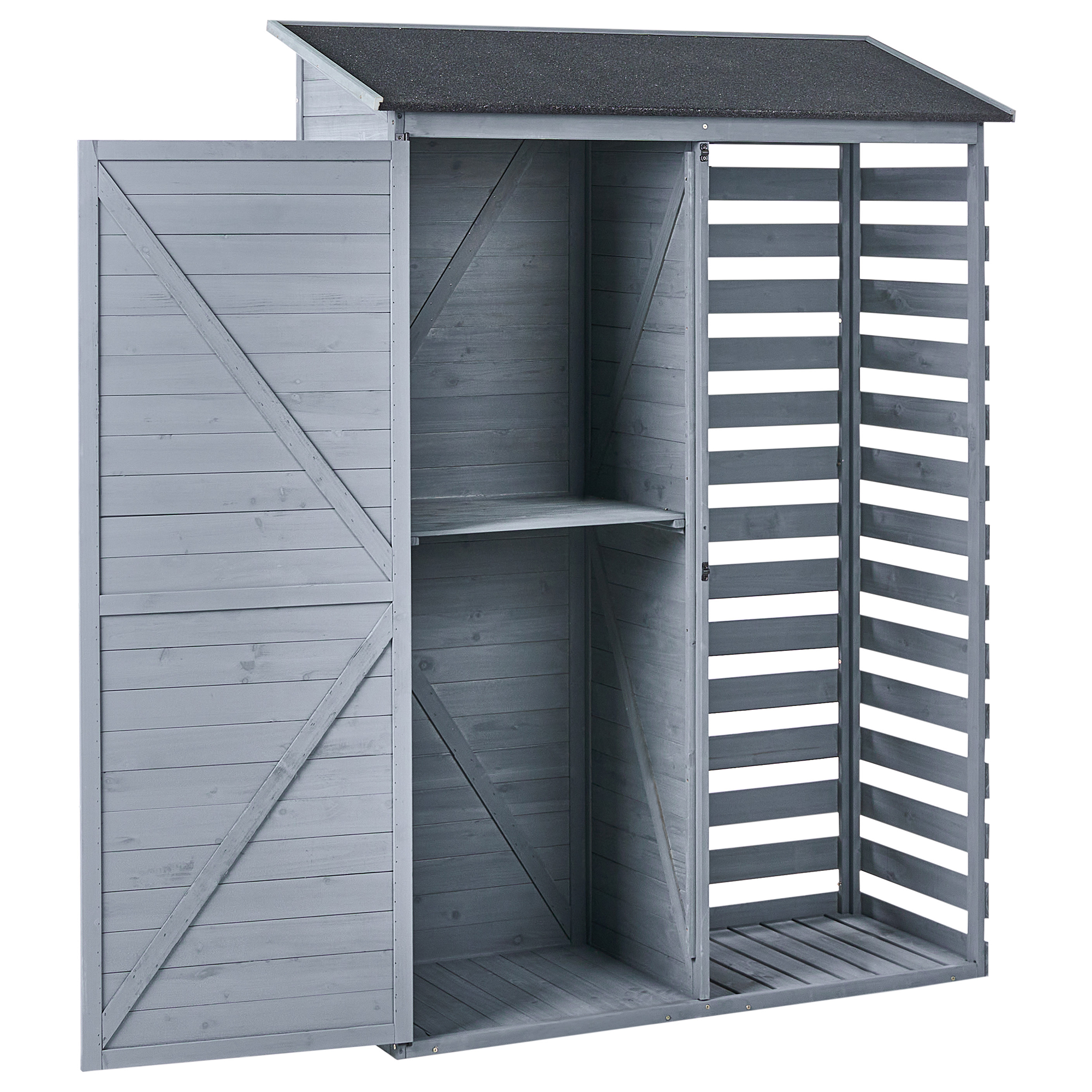 Abri de Jardin Gris en Bois de Sapin avec Toit en Asphalte avec Étagères et Portes à Loquet - Image 4