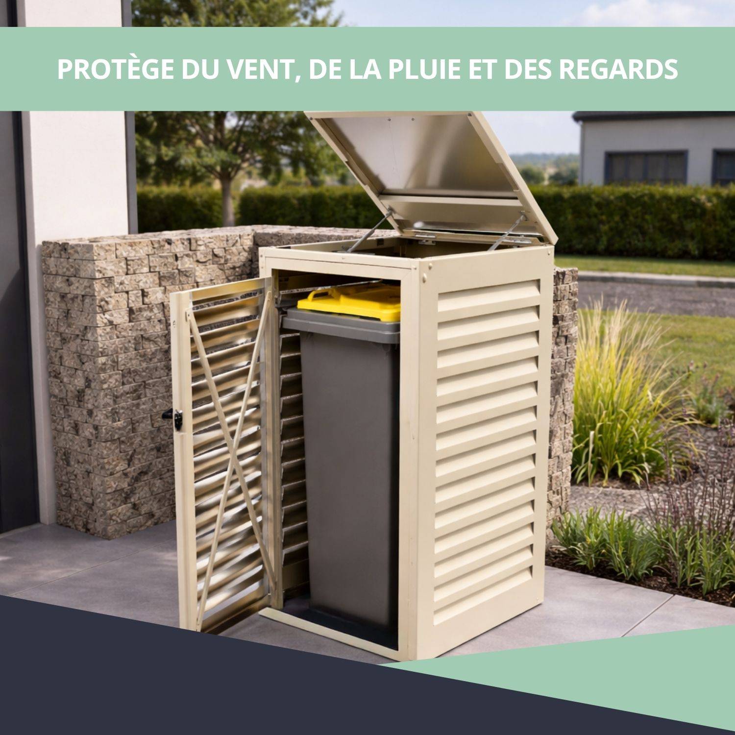 Cache Poubelle Extérieur Simple en Aluminium thermolaqué - Abri pour 1 conteneur 240 Litres – Crème RAL 1015 - Image 4