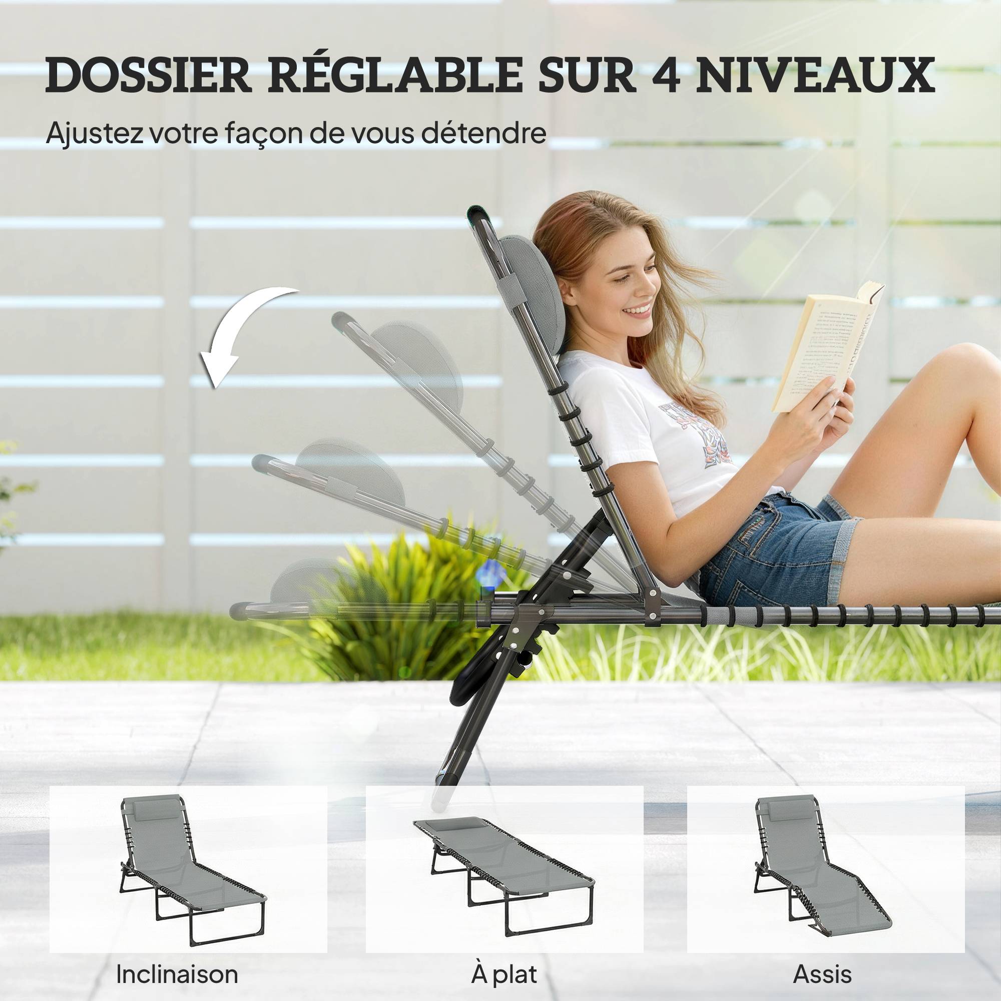Outsunny - Bain de soleil pliable - Acier - 189x58x30cm - Gris - Outsunny - Image 7
