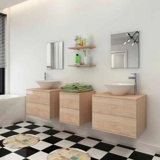 Vidaxl - Meuble de salle de bain 9 pcs avec lavabo et robinet Beige - vidaXL - Image 3