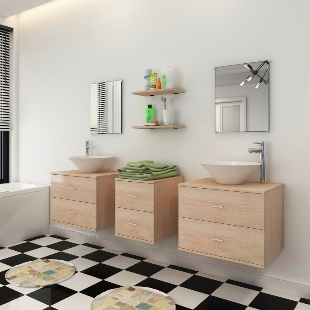 Vidaxl - Meuble de salle de bain 9 pcs avec lavabo et robinet Beige - vidaXL - Image 3