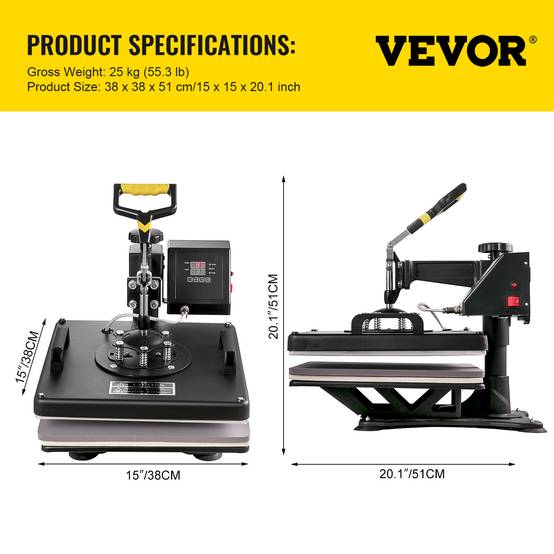 VEVOR Presse chaleur 8 en 1, 38x38cm, 1250W. Minuterie, contrôle température auto. Bricolage, sublimation. - Image 7