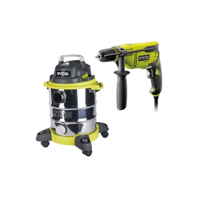 Ryobi - Pack RYOBI Aspirateur eau et poussière - 1250W - 20L - RVC-1220I-G - Perceuse à percussion - 800W - RPD800K