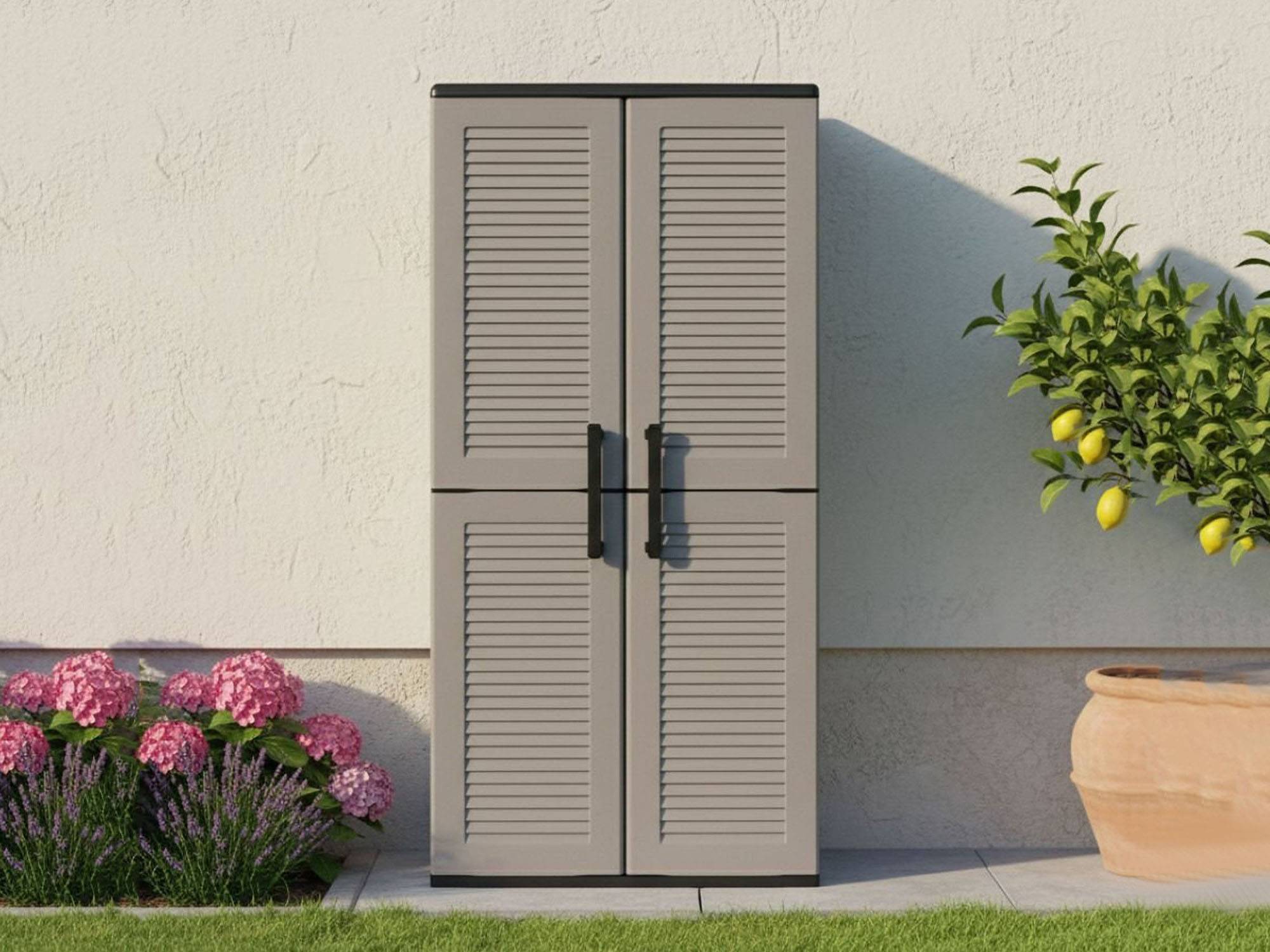 Dmora - Armoire d'extérieur Clavier, Meubles de balcon, Armoire polyvalente avec étagères, 100% Made in Italy, 68x37h163 cm, Gris et Noir, Finition rayée - Image 5