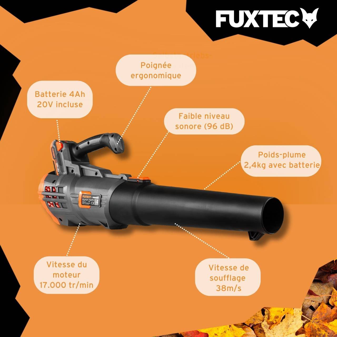 FUXTEC - Souffleur à batterie - FUXTEC FX-E1LB20 - 20V 38m/s - Set 1 batterie 4Ah et chargeur 2,4A - Image 6