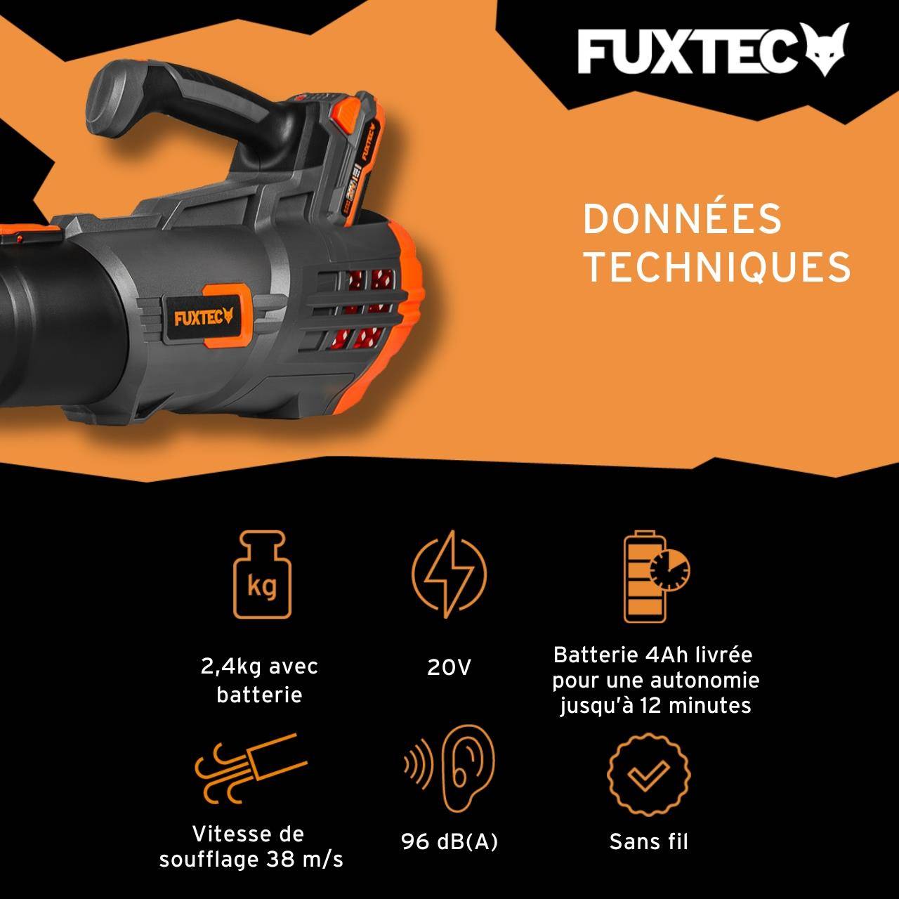 FUXTEC - Souffleur à batterie - FUXTEC FX-E1LB20 - 20V 38m/s - Set 1 batterie 4Ah et chargeur 2,4A - Image 3