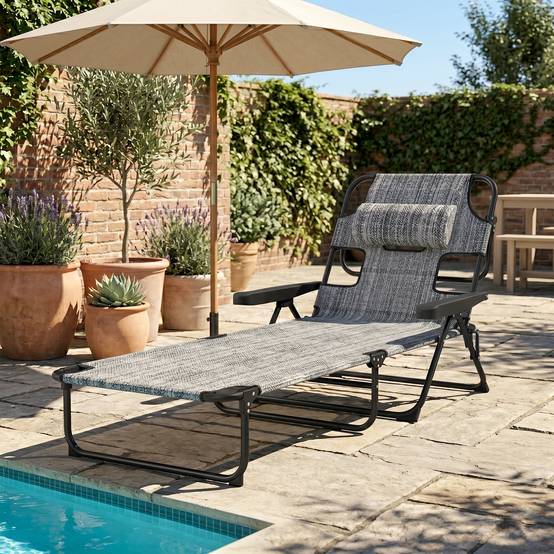 Transat de jardin pliable avec dossier réglable sur 4 positions, trou de lecture et appui-tête, 145 x 72 x 89 cm, gris - Image 3
