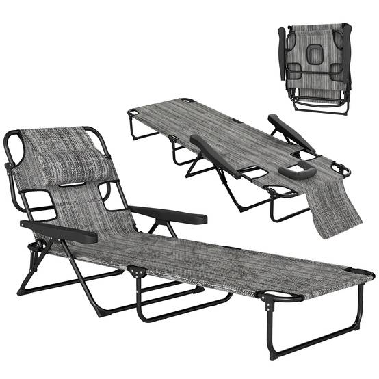 Transat de jardin pliable avec dossier réglable sur 4 positions, trou de lecture et appui-tête, 145 x 72 x 89 cm, gris - Image 1