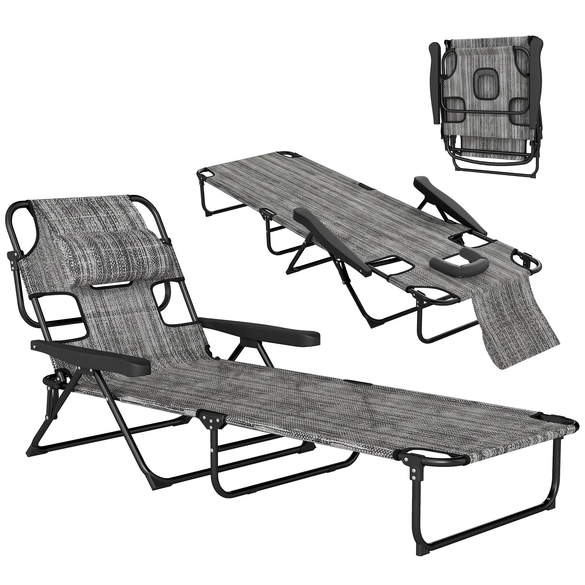 Transat de jardin pliable avec dossier réglable sur 4 positions, trou de lecture et appui-tête, 145 x 72 x 89 cm, gris - Image 1