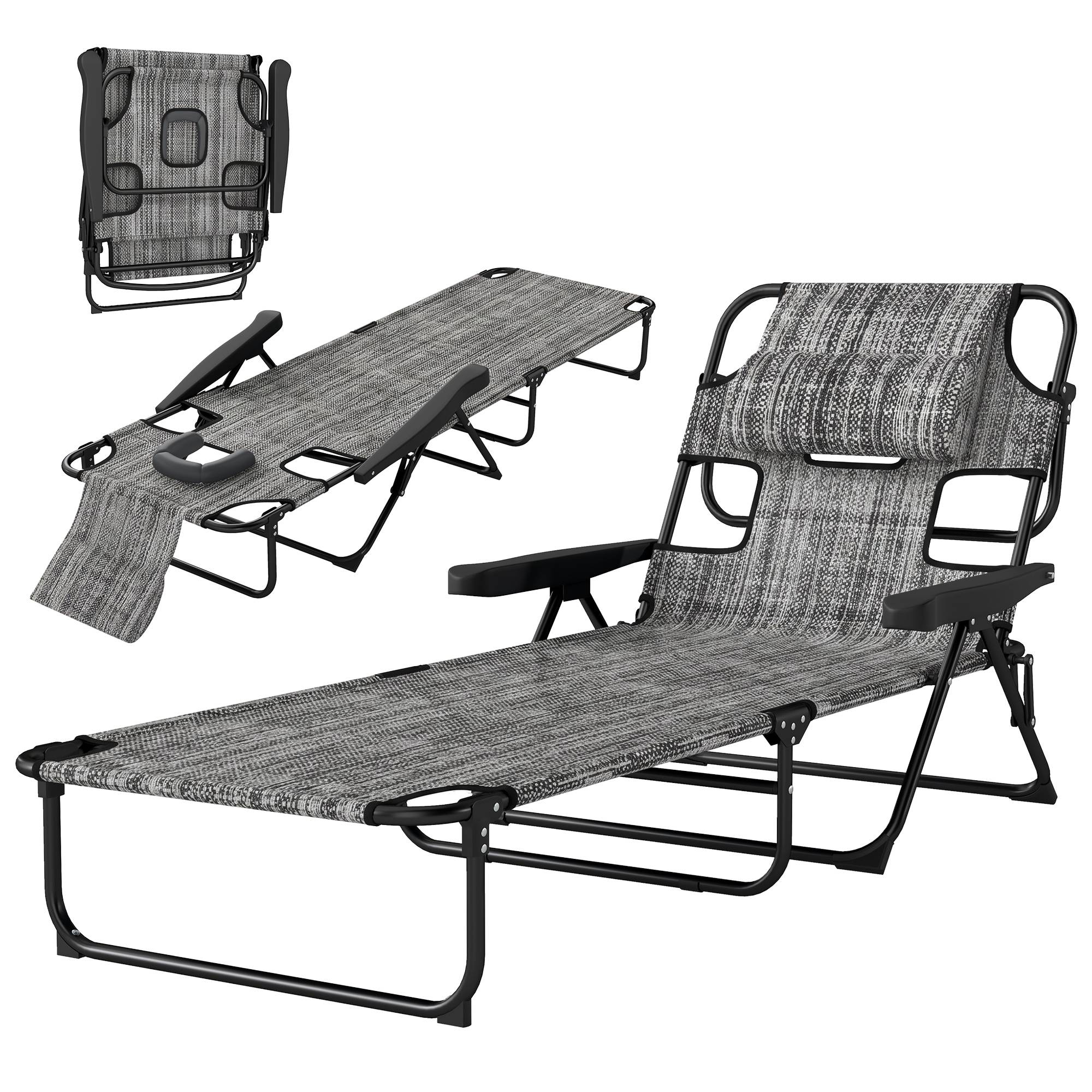 Transat de jardin pliable avec dossier réglable sur 4 positions, trou de lecture et appui-tête, 145 x 72 x 89 cm, gris - Image 2