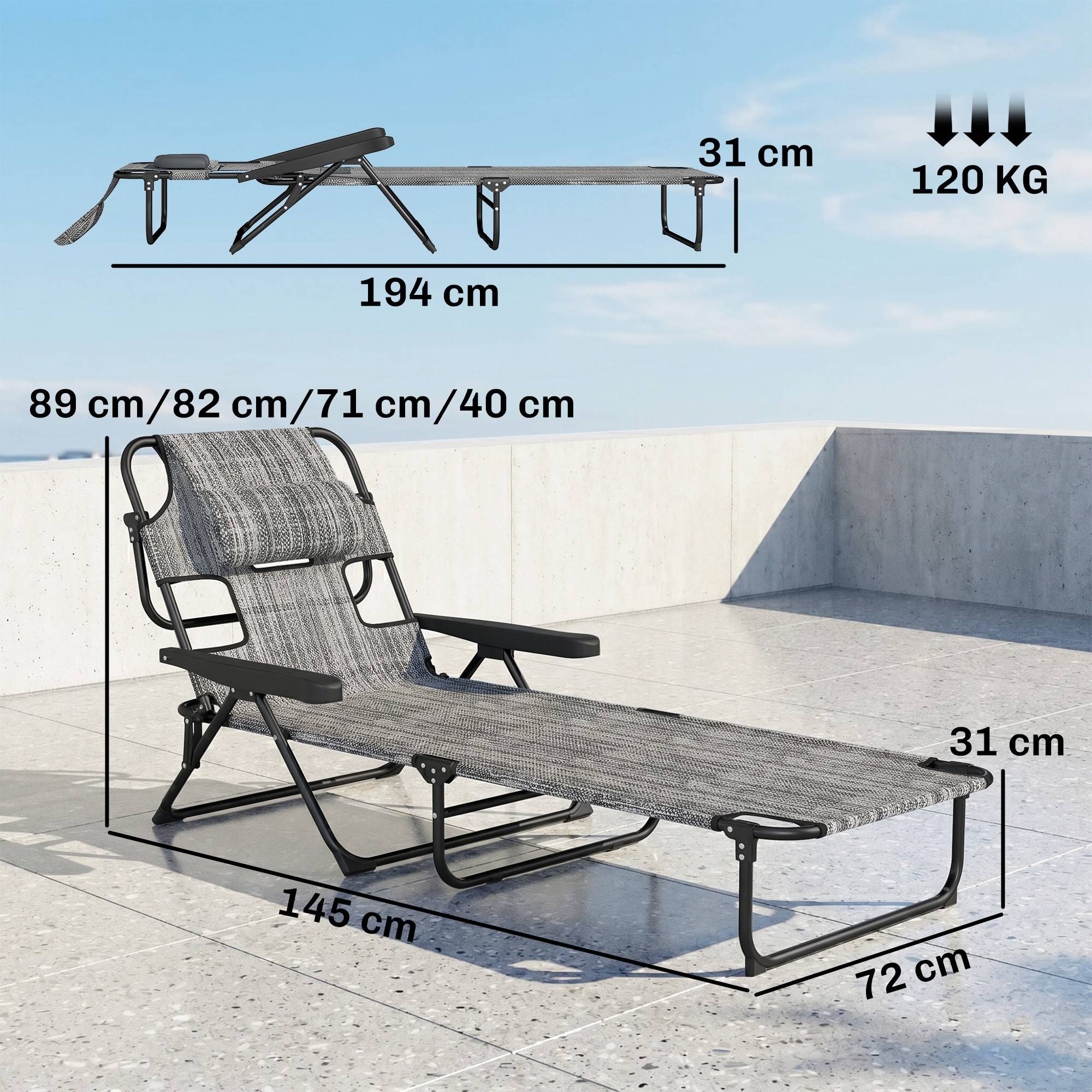 Transat de jardin pliable avec dossier réglable sur 4 positions, trou de lecture et appui-tête, 145 x 72 x 89 cm, gris - Image 5