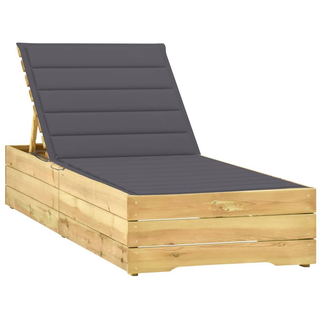 Helloshop26 - Transat chaise longue bain de soleil lit de jardin terrasse meuble d'extérieur avec coussin anthracite bois de pin imprégné - Image 1