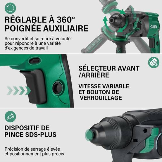 Perceuse à percussion SDS Plus filaire 950 W, avec jeu d'accessoires 16 pièces, 0-1150 tr/min/5100 coups/min, adaptée au béton, à l'acier et au bois - Image 5