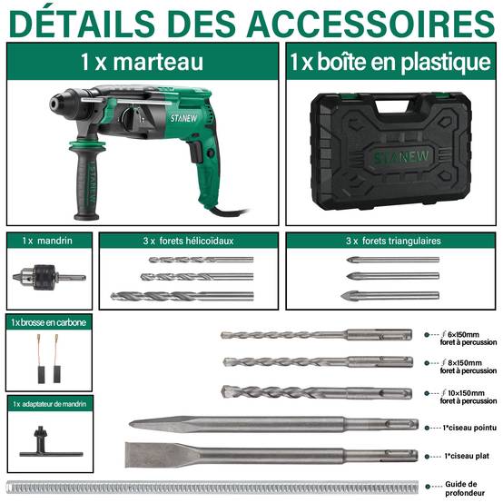 Perceuse à percussion SDS Plus filaire 950 W, avec jeu d'accessoires 16 pièces, 0-1150 tr/min/5100 coups/min, adaptée au béton, à l'acier et au bois - Image 3