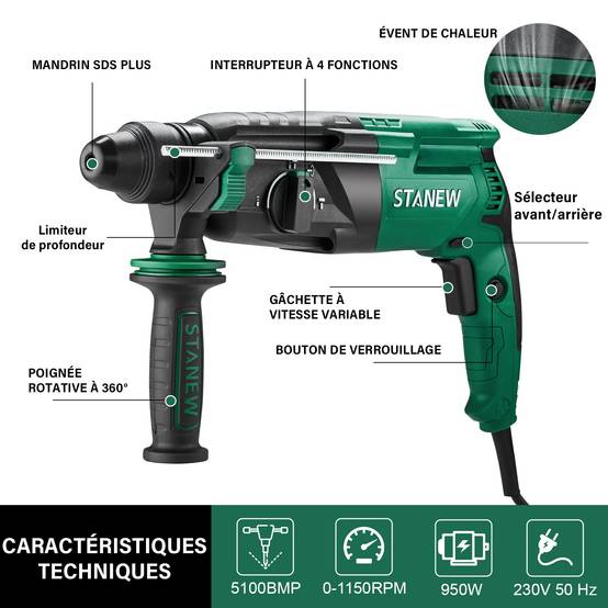 Perceuse à percussion SDS Plus filaire 950 W, avec jeu d'accessoires 16 pièces, 0-1150 tr/min/5100 coups/min, adaptée au béton, à l'acier et au bois - Image 2