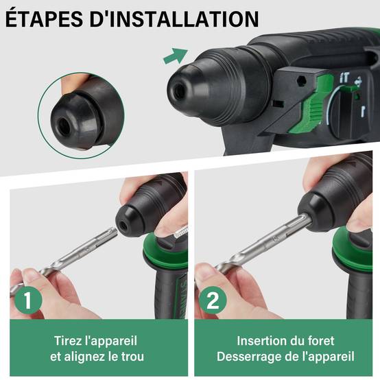 Perceuse à percussion SDS Plus filaire 950 W, avec jeu d'accessoires 16 pièces, 0-1150 tr/min/5100 coups/min, adaptée au béton, à l'acier et au bois - Image 6