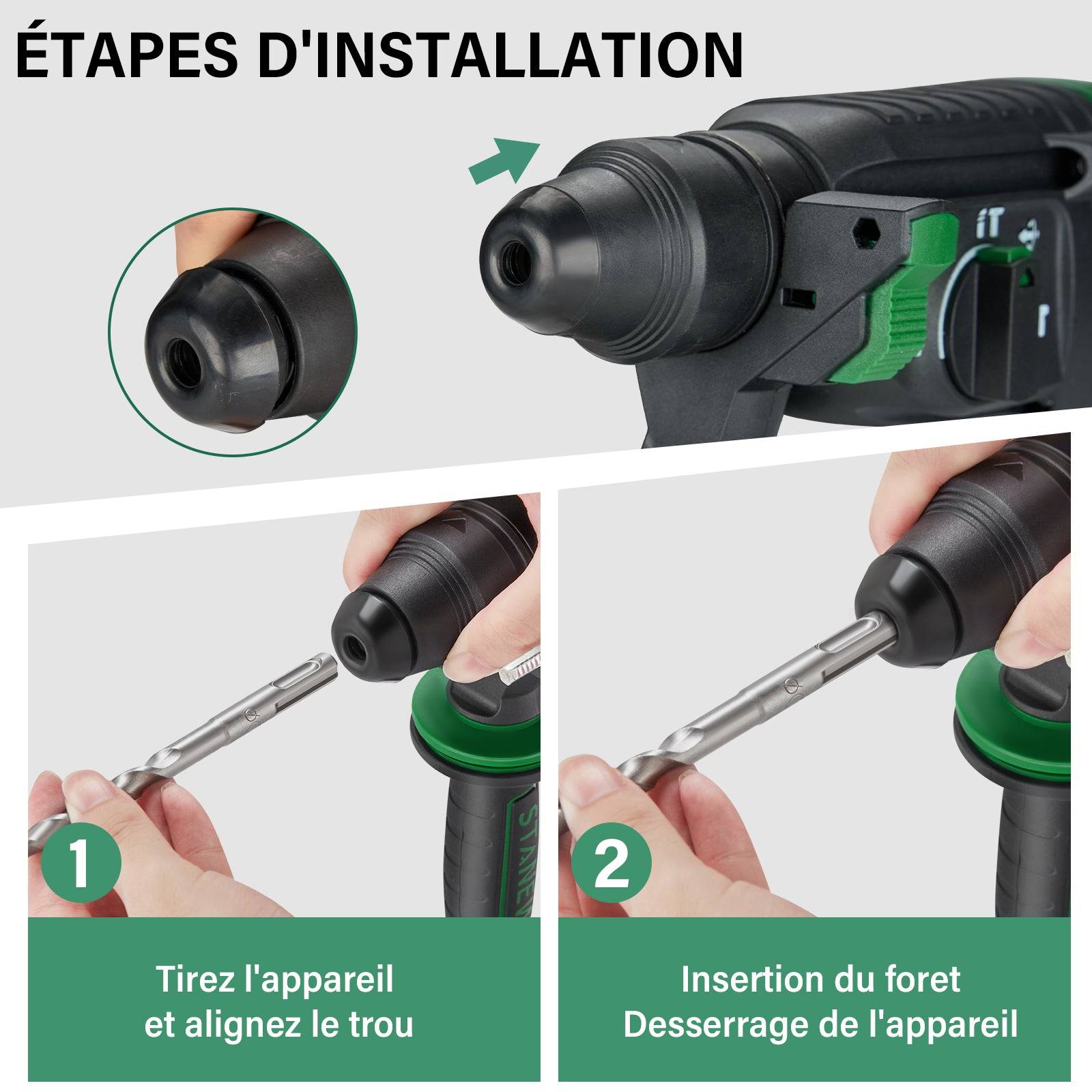 Perceuse à percussion SDS Plus filaire 950 W, avec jeu d'accessoires 16 pièces, 0-1150 tr/min/5100 coups/min, adaptée au béton, à l'acier et au bois - Image 6