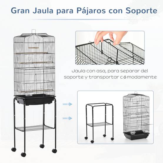 Volière sur Pied à Roulettes en Métal pour Canaris avec Étagère de Rangement 157 cm Noir - ComfortXL Outdoor Living - Image 6