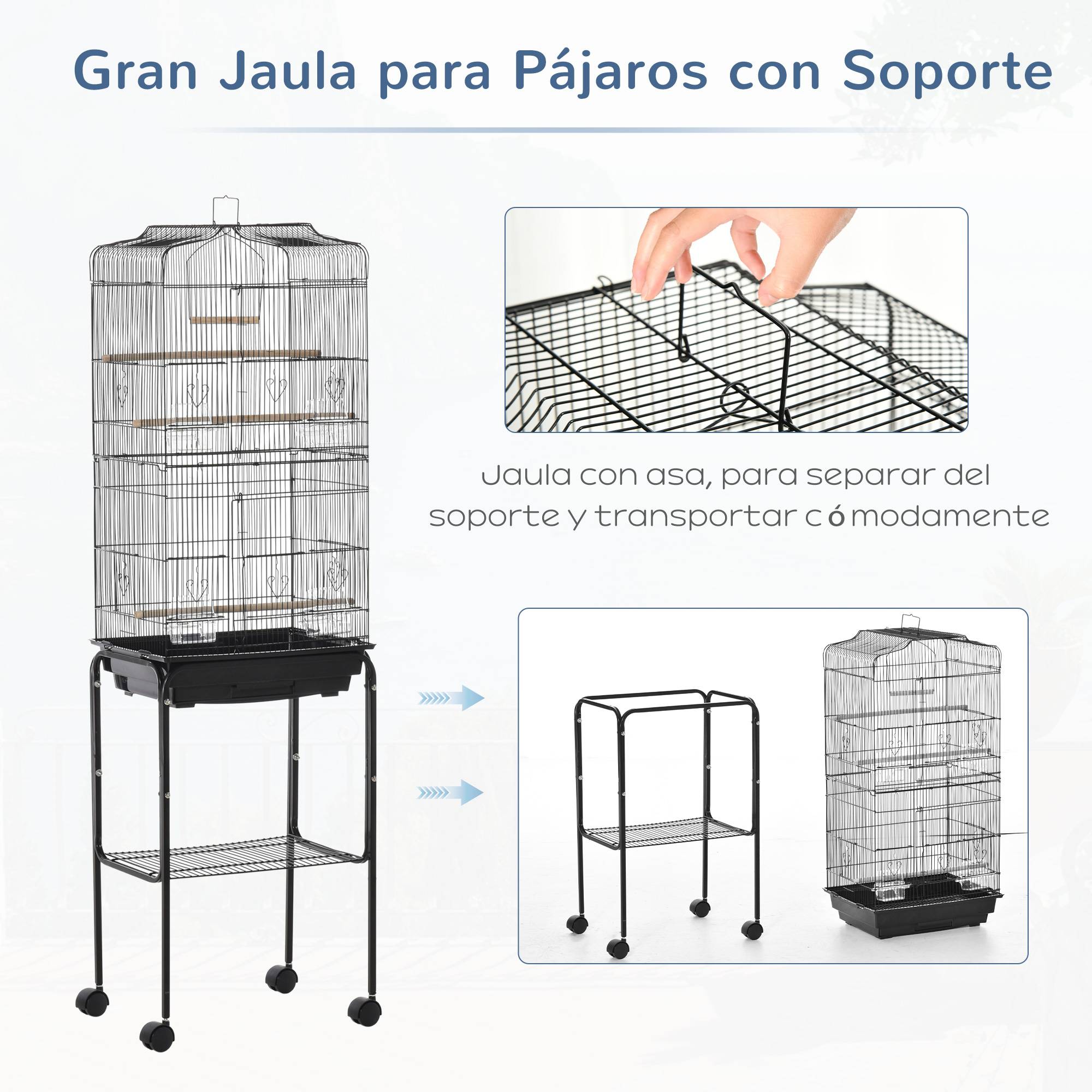 Volière sur Pied à Roulettes en Métal pour Canaris avec Étagère de Rangement 157 cm Noir - ComfortXL Outdoor Living - Image 6