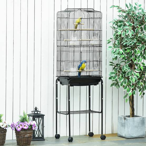 Volière sur Pied à Roulettes en Métal pour Canaris avec Étagère de Rangement 157 cm Noir - ComfortXL Outdoor Living - Image 3