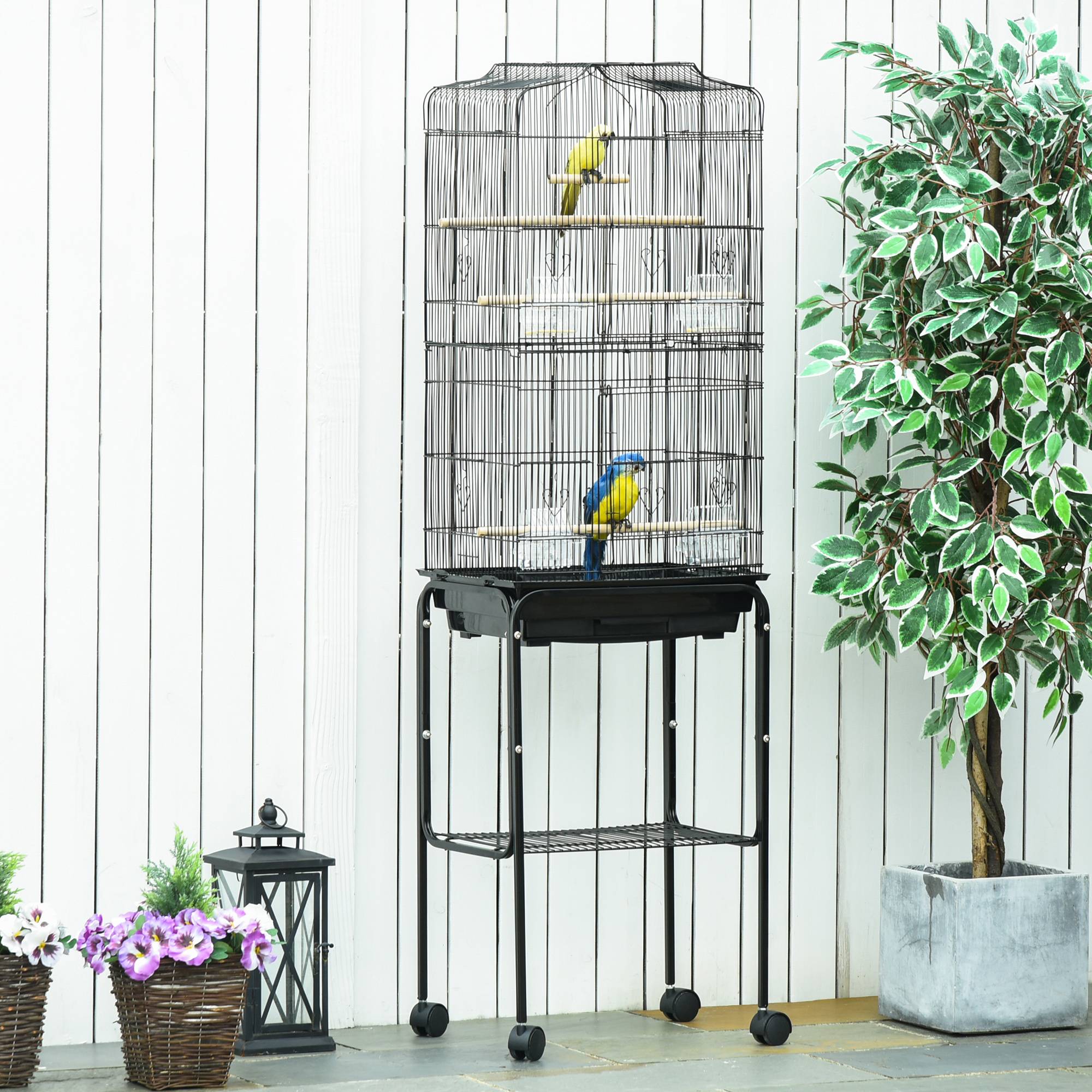 Volière sur Pied à Roulettes en Métal pour Canaris avec Étagère de Rangement 157 cm Noir - ComfortXL Outdoor Living - Image 3