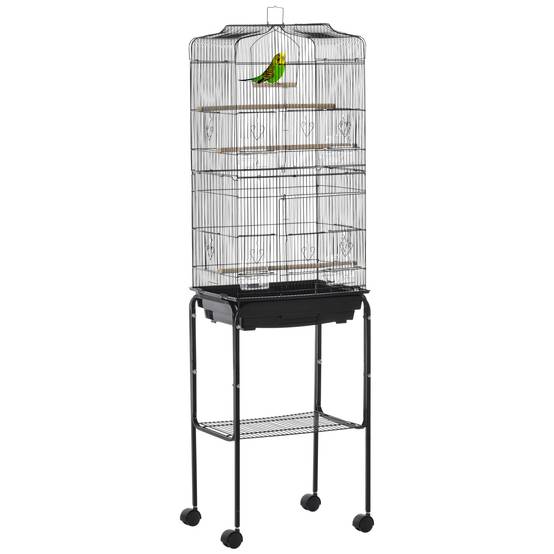 Volière sur Pied à Roulettes en Métal pour Canaris avec Étagère de Rangement 157 cm Noir - ComfortXL Outdoor Living - Image 1