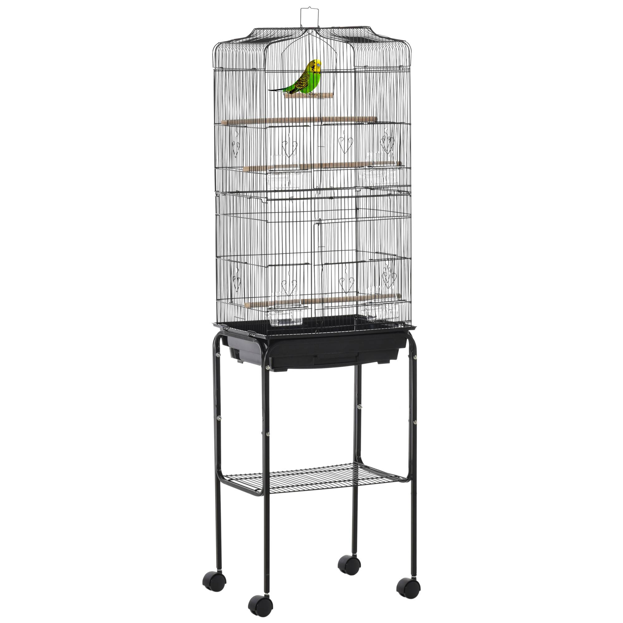 Volière sur Pied à Roulettes en Métal pour Canaris avec Étagère de Rangement 157 cm Noir - ComfortXL Outdoor Living - Image 1