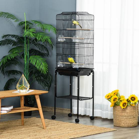 Volière sur Pied à Roulettes en Métal pour Canaris avec Étagère de Rangement 157 cm Noir - ComfortXL Outdoor Living - Image 9