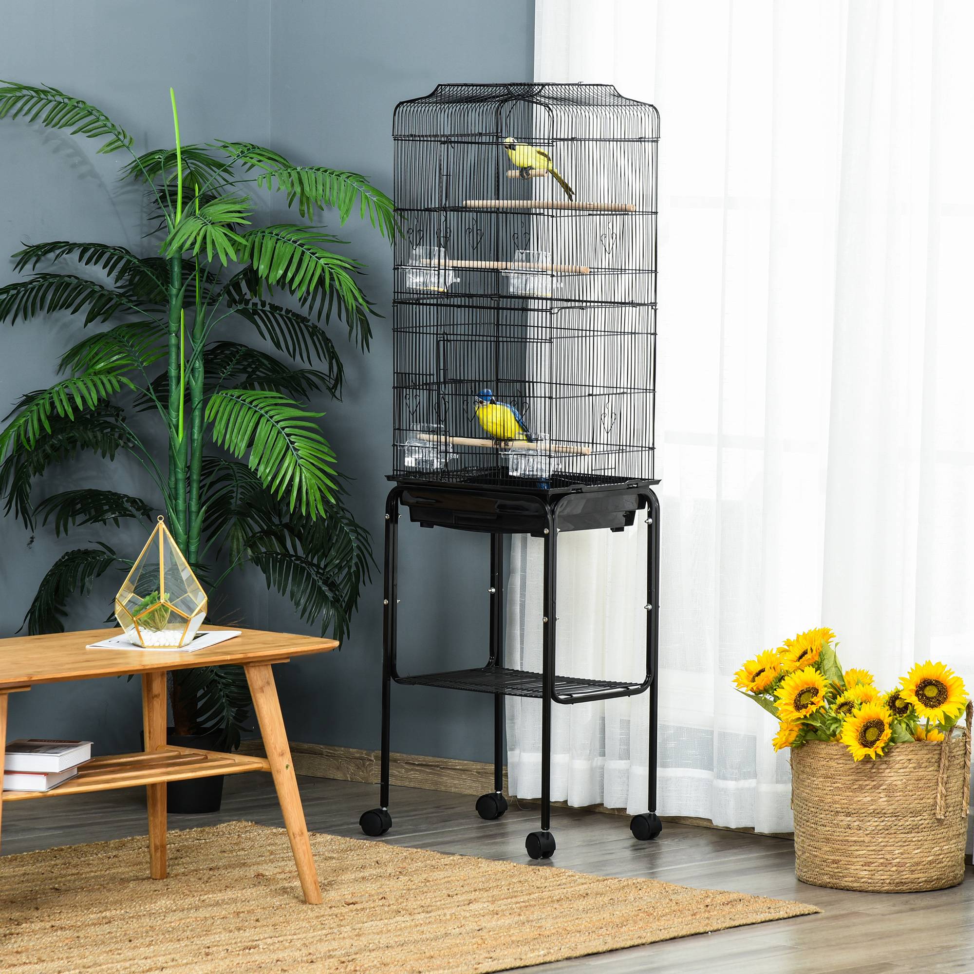 Volière sur Pied à Roulettes en Métal pour Canaris avec Étagère de Rangement 157 cm Noir - ComfortXL Outdoor Living - Image 9