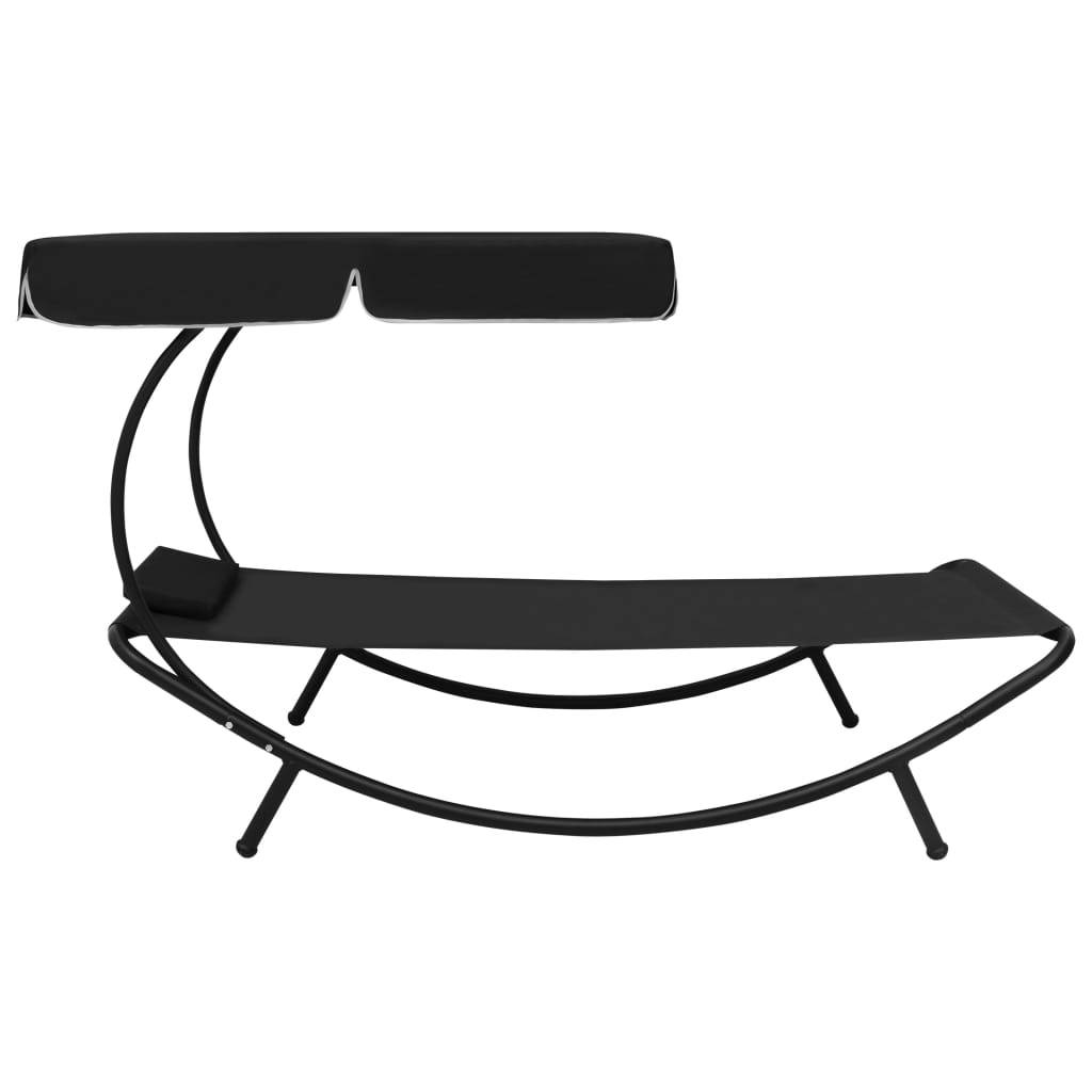Helloshop26 - Lit de repos transat chaise longue d'extérieur 200 cm avec auvent et oreiller noir - Image 2