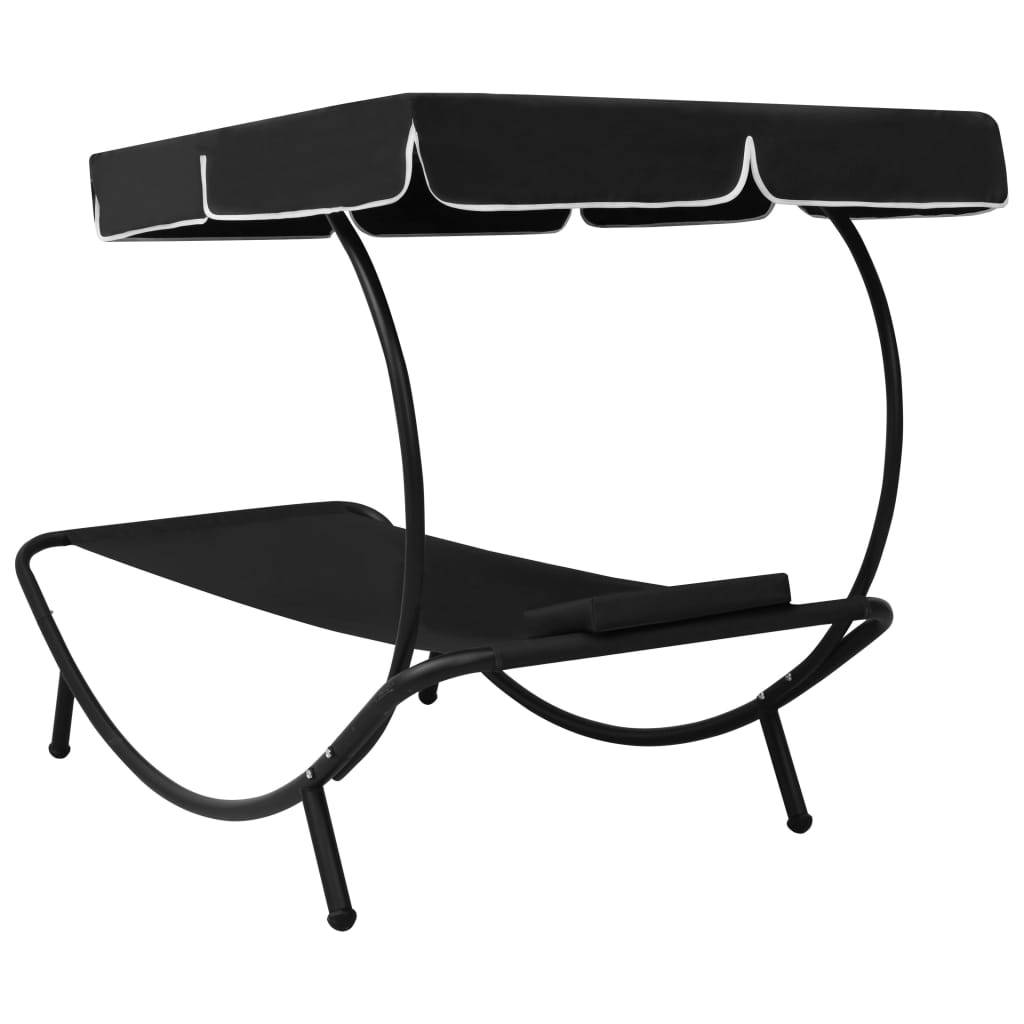 Helloshop26 - Lit de repos transat chaise longue d'extérieur 200 cm avec auvent et oreiller noir - Image 3
