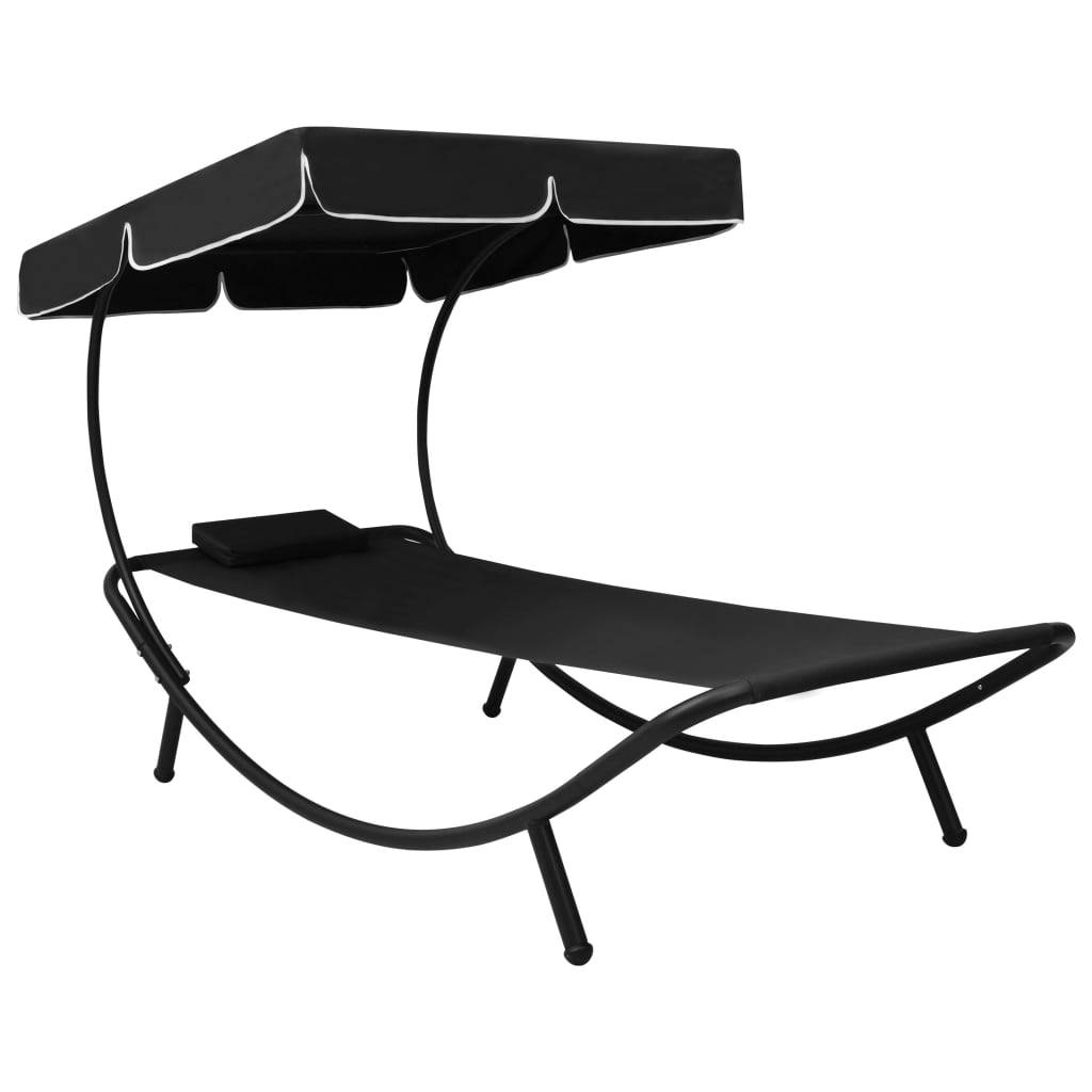 Helloshop26 - Lit de repos transat chaise longue d'extérieur 200 cm avec auvent et oreiller noir - Image 1