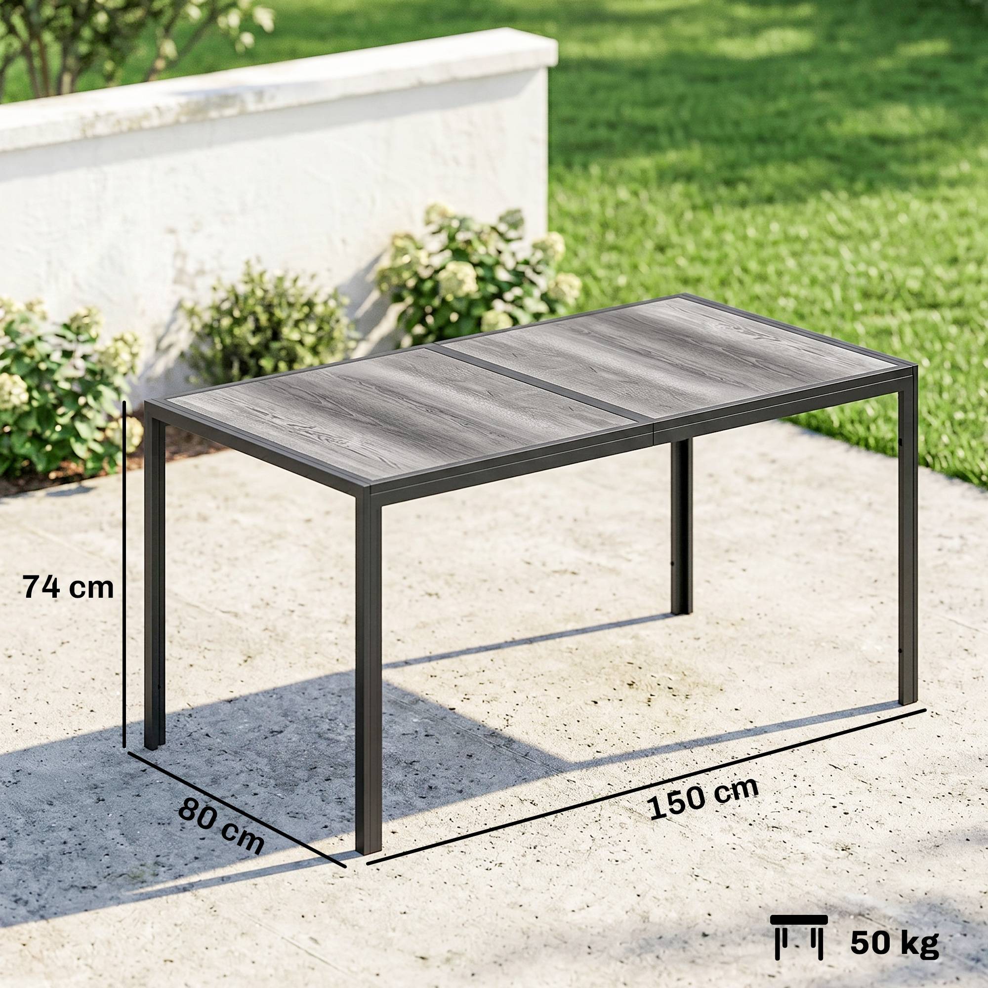 Table de jardin pour 4 à 6 personnes, table à manger extérieure avec plateau à effet bois, 150 x 80 x 74 cm, gris - Image 5