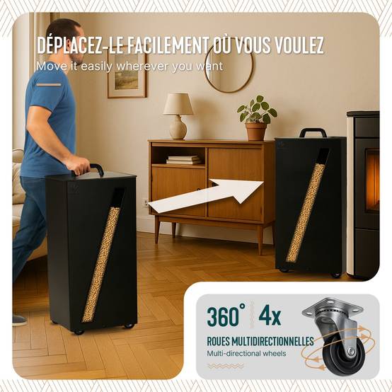 Vounot - Réservoir à granulés avec roulettes 55kg - 36x36x76cm - rangement à pellets en métal - noir - VOUNOT® - Image 5