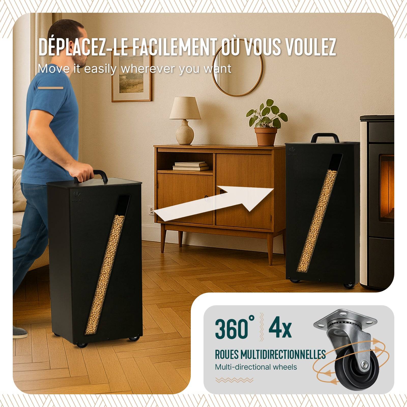 Vounot - Réservoir à granulés avec roulettes 55kg - 36x36x76cm - rangement à pellets en métal - noir - VOUNOT® - Image 5